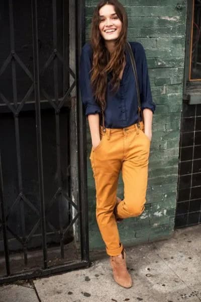 Navy Button Up Linen Shirt with Mustard Cuffed Straight Leg Pants & Boots