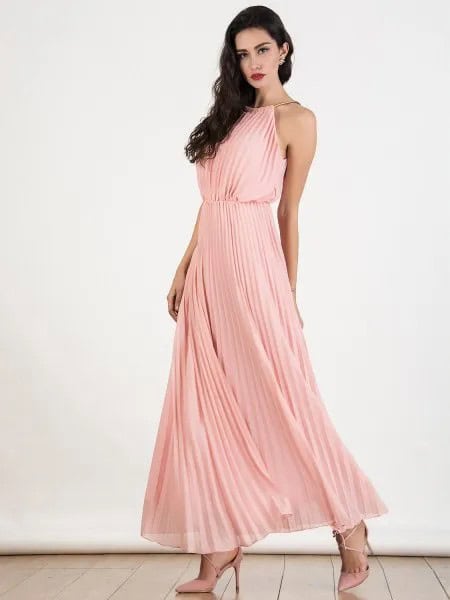 Blush Pink Halter Neck Gathered Waist Maxi Pleated Dress