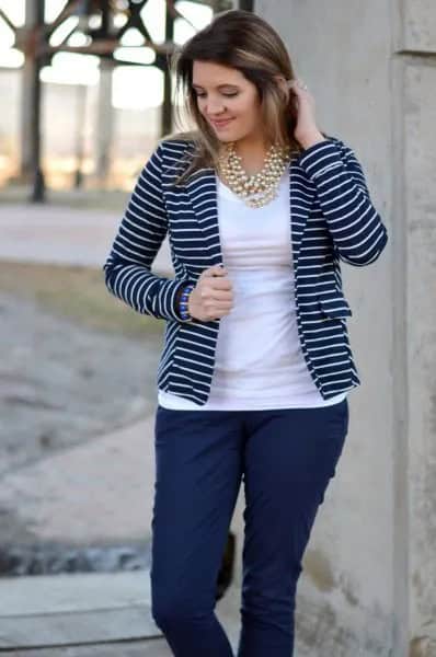 Navy and White Striped Blazer with White Tee & Blue Pants