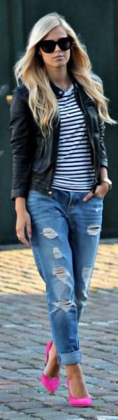 Black and White Striped Tee with Leather Jacket