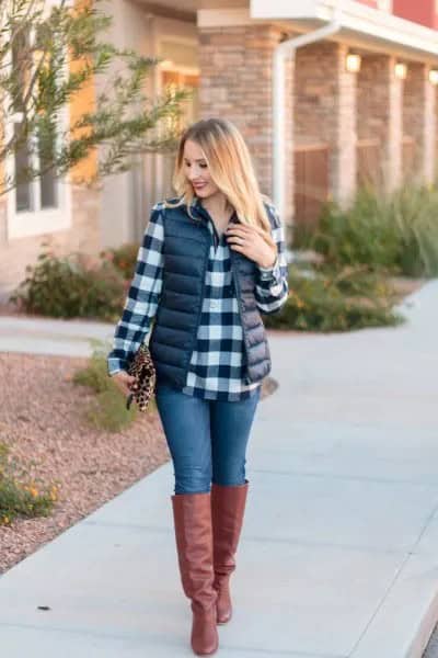 Black and White Plaid Boyfriend Shirt with Puffer Vest