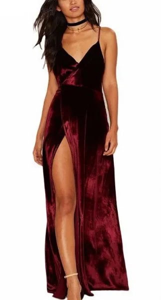 Burgundy Velvet Slit Maxi Dress with Black Choker