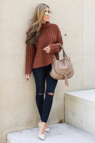 Green Mock Neck Ribbed Sweater with Black Jeans