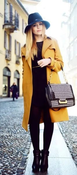 Black Felt Hat with Mustard Trench Longline Coat & Shift Dress