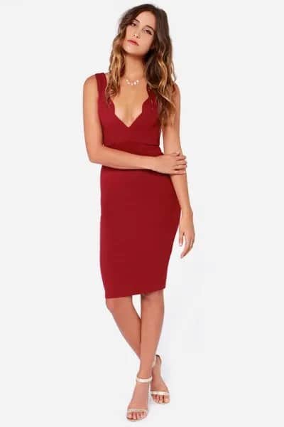 Scalloped Neckline Deep V Neck Bodycon Dress