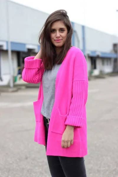 Hot Pink Sweater Cardigan with Grey Sweatshirt & Black Jeans