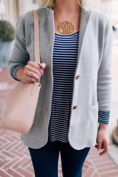 Grey Sweater Blazer with Black and White Striped Tee