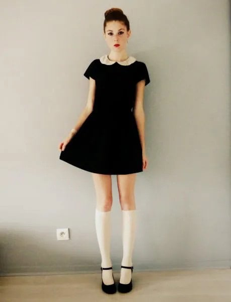 Black Skater Dress with White Knee High Socks