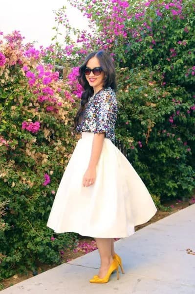 Silver Half Sleeve Top with White Midi Flared Skirt