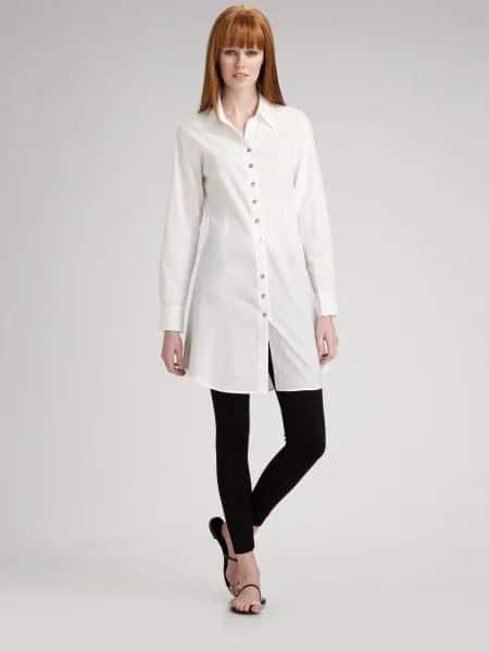 Long White Chiffon Shirt with Black Leggings