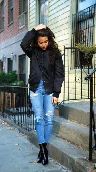 Black Jacket with Blue High Rise Ripped Skinny Jeans & Leather Ankle Boots