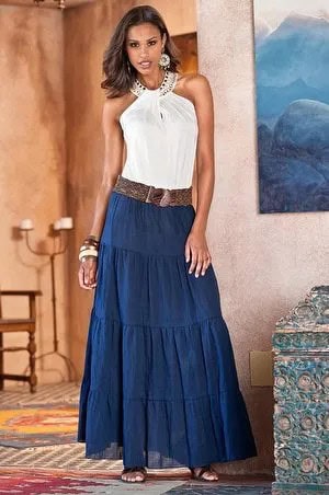 Dark Blue Peasant Skirt with White Halter Top