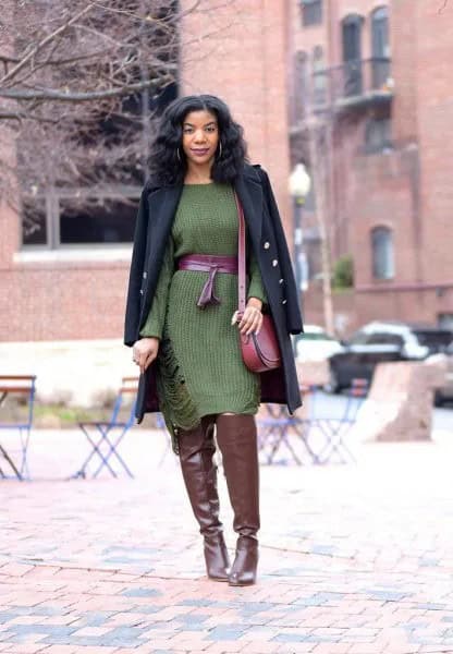 Green Midi Belted Sweater Dress with Black Longline Wool Coat