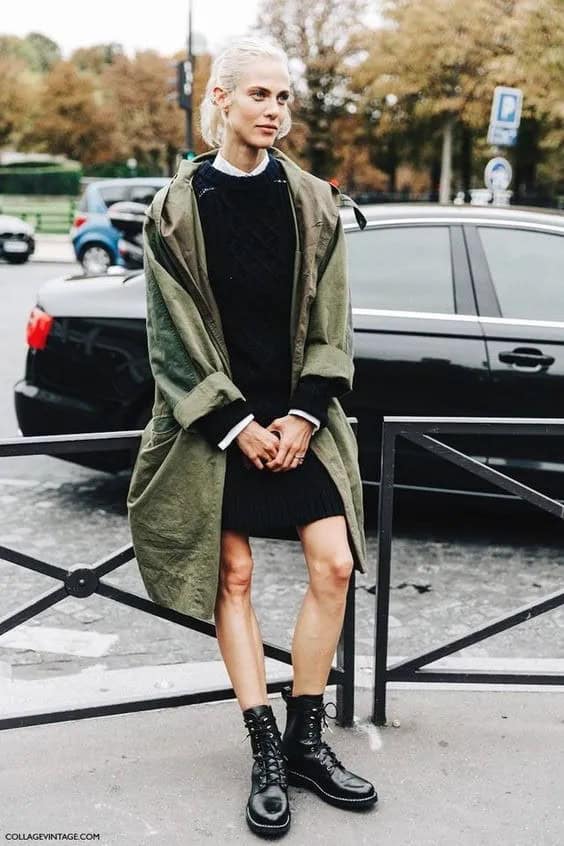 Knit Dress and Long Olive Green Jacket