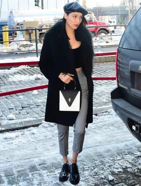 Leather Hat with Black Crop Top and Faux Fur Coat