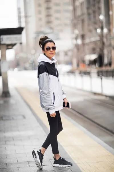 White, Grey and Black Windbreaker with Cropped Skinny Jeans