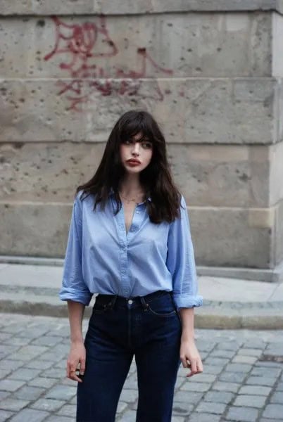 Light Blue Button Up Shirt with Slim Cut Jeans