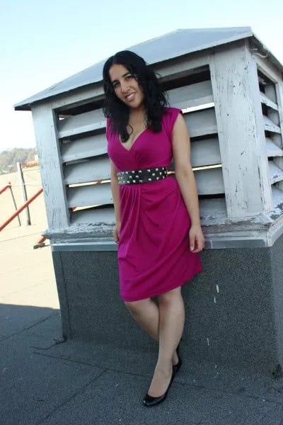 Pink Sleeveless Knee Length Shift Dress with Black Studded Belt