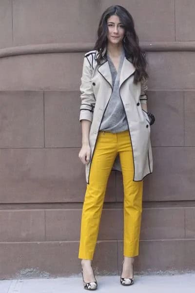 Light Grey Trench Coat with Yellow Ankle Pants