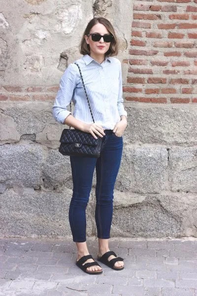 Light Blue Button Up Slim Fit Shirt with Dark Skinny Jeans & Navy Sandals