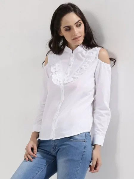 White Cold Shoulder Ruffle Front Shirt with Light Blue Skinny Jeans