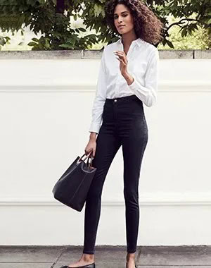 White Button Up Formal Shirt with High Rise Black Skinny Ankle Jeans