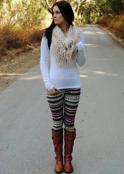 White Long Sleeve Form Fitting Tee with Tribal Print Leggings & Brown Boots