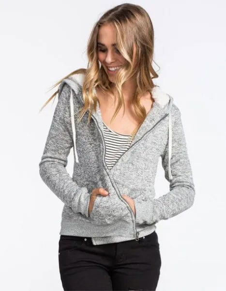 Slim Fit Zip Up Hoodie with Black and White Striped Scoop Neck Tank Top