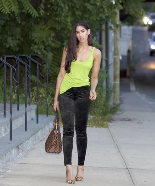 Yellow Low Scoop Neck Tank Top with Black Ankle Velvet Skinny Pants