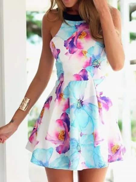 White and Sky Blue Floral Skater Dress