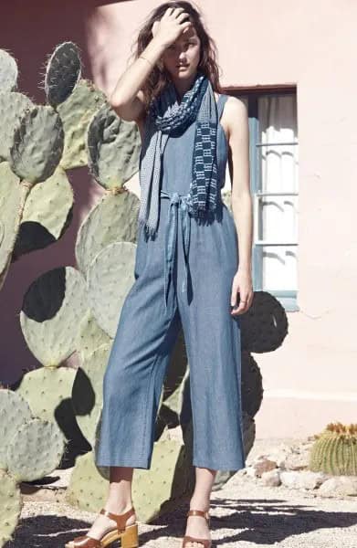 Sleeveless Chambray Jumpsuit with Plaid Scarf