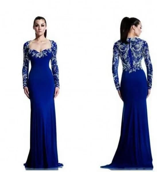 Royal Blue and Silver V Neck Floor Length Flowy Chiffon Dress