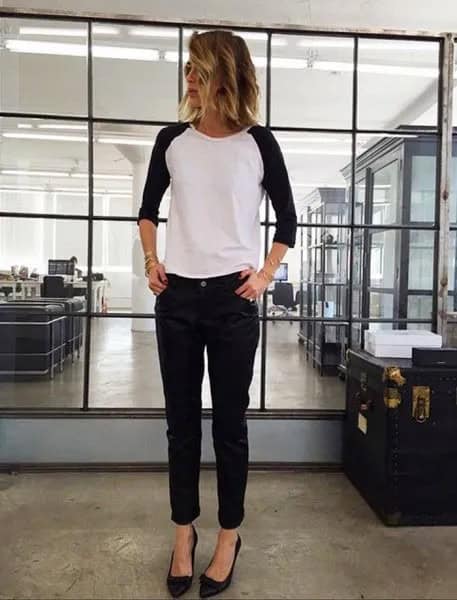 Black and White Three Quarter Sleeve T Shirt with Ballet Heels