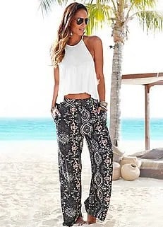 White Cropped Halter Top with Black Tribal Printed Beach Pants