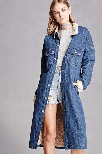 Blue Denim Longline Jacket with Cropped Sweater & Shorts