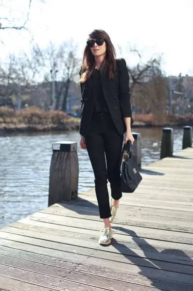 Black Blazer with Matching Blouse & Cuffed Jeans