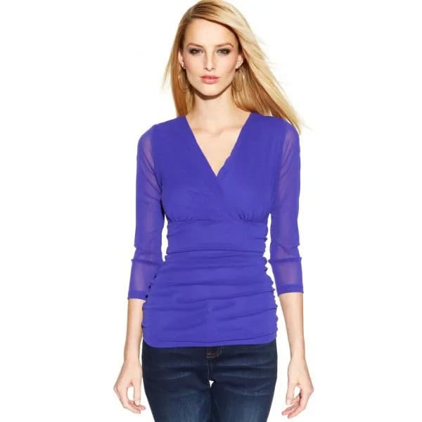 Blue Chiffon V Neck Ruched Top with Skinny Jeans