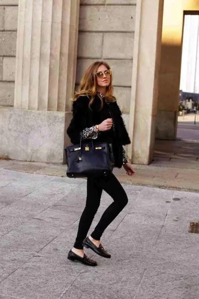 Black Blazer with Leopard Print Blouse with Penny Loafers