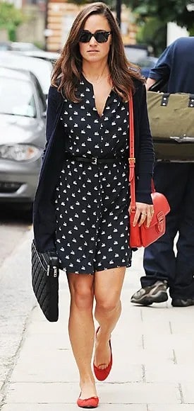 Red Leather Ballet Flats with Black and White Patterned Belted Shirt Dress