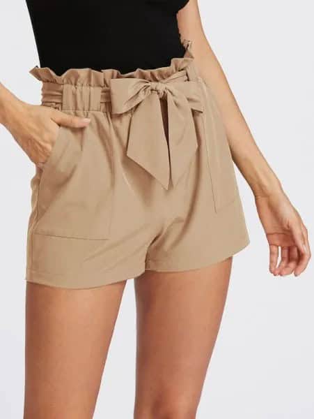 Black Form Fitting T Shirt with Blush Pink Tie Mini Shorts