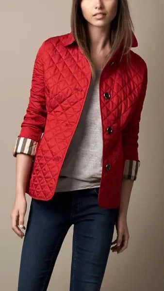 Red Quilted Jacket with Dark Blue Skinny Jeans