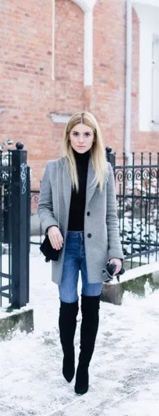 Grey Longline Wool Coat with Light Blue Skinny Jeans