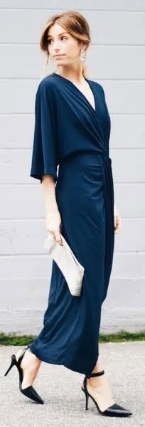 Navy Half Sleeve Maxi Wrap Dress with White Clutch Bag