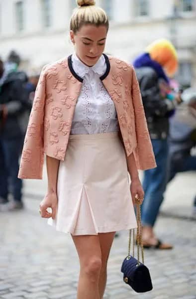 Blush Pink Floral Embroidered Blazer with White High Waisted Mini Skirt