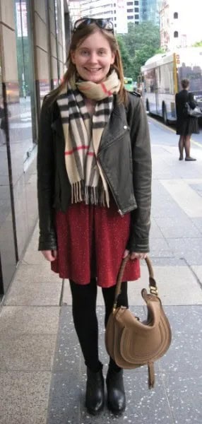 Crepe Scarf with Grey Leather Jacket & Brown Shift Dress