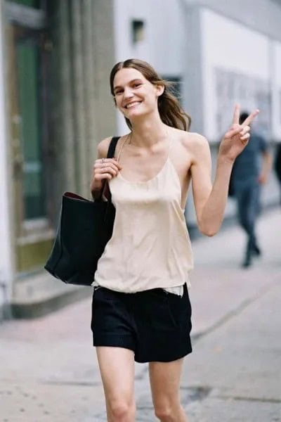 Pale Pink Camisole with Black Mini Skirt