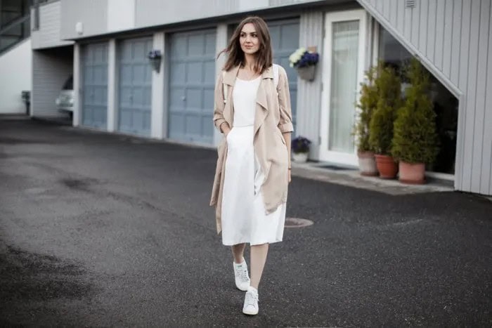 Blush Pink Long Trench Coat with White Culottes