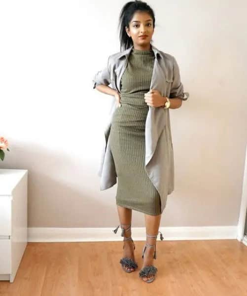 Grey Longline Blazer with Green Ribbed Khaki Dress