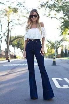 White Off The Shoulder Cropped Blouse with Dark Blue Boot Cut Jeans