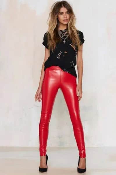 Black Studded Cutout T Shirt with Red Skinny Leather Pants